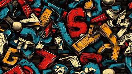 Obraz premium Graffiti-style pattern incorporating bold letters, angular characters, and bubble numbers, intertwined with vibrant colors and dynamic shapes, set against a rough brick wall,