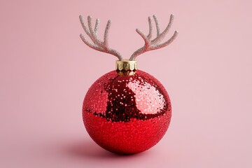 Red Christmas disco ball bauble with reindeer antlers on pink background. Minimal New year Santa concept. Flat lay