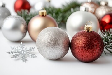 clean white background with a few scattered Christmas balls of various colors and textures