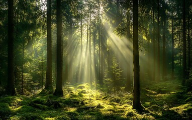 Fototapeta premium A serene forest scene with sunlight streaming through trees, illuminating the lush green undergrowth and creating a tranquil atmosphere.