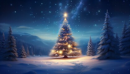 fantastic winter landscape with christmas tree 3d rendering christmas background with christmas tree snow and stars beautiful christmas night
