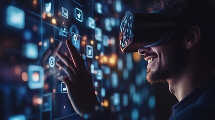 A man wearing VR goggles interacts with a digital interface,  smiling as he navigates through a world of virtual icons.