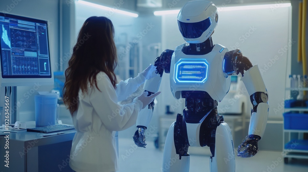 Poster a female scientist in a white lab coat interacts with a humanoid robot in a laboratory setting.