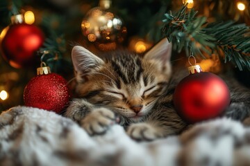 kitten curled up asleep, nestled amongst the soft branches of a decorated Christmas tree, with a few colorful ornaments peeking out from behind it
