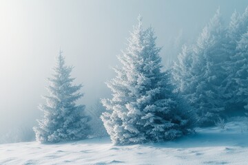 Fototapeta premium Vivid white spruces on a frosty day. Attractive winter wallpaper