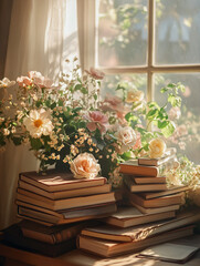 In the study, there is an open book on top of other books and some flowers in glass vases. 