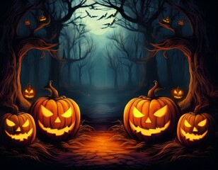 halloween background with evil pumpkin spooky scary dark night forrest holiday event halloween banner background concept