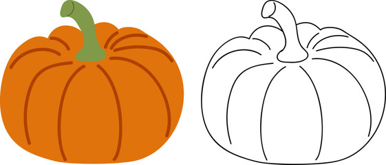 Pumpkin - doodle flat cartoon drawing and outline sketch for coloring. Orange vegetable for Halloween, product for vegetarians.