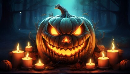 Obraz premium halloween pumpkin head jack lantern with burning candles