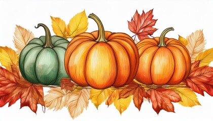 hand drawing autumn border with three colored pumpkin and yellow autumn leaves botanikal illustration isolated on white background for card invitation etc