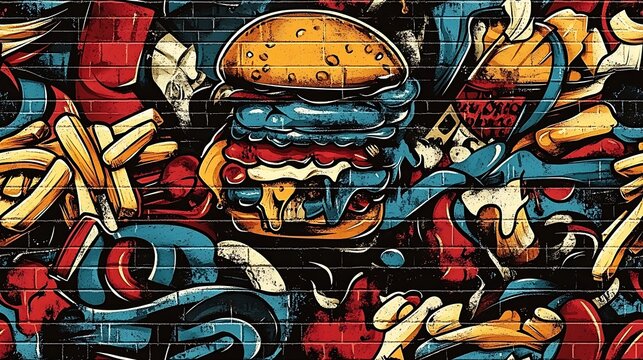 Graffiti-style pattern incorporating food icons like burgers, pizza slices, and fries, intertwined with vibrant colors and abstract shapes, set against a rough brick wall,