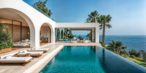 Terrasse avec piscinie d'une villa luxueuse au bord de la mer