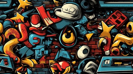 Obraz premium Graffiti-style pattern incorporating game icons, retro consoles, and pixelated game characters, intertwined with vibrant colors and dynamic shapes, set against a rough brick wall,