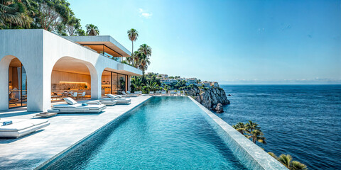 Terrasse avec piscinie d'une villa luxueuse au bord de la mer