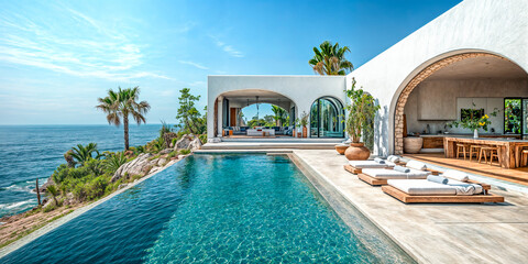 Terrasse avec piscinie d'une villa luxueuse au bord de la mer