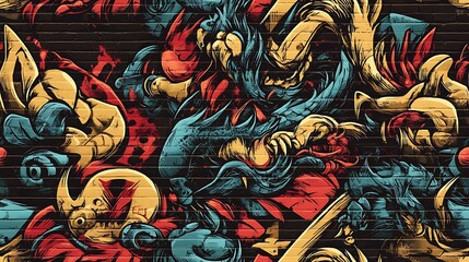 Graffiti-style pattern incorporating mystical creatures like dragons, phoenixes, and glowing rune symbols, intertwined with vibrant colors and dynamic shapes, set against a rough brick wall,