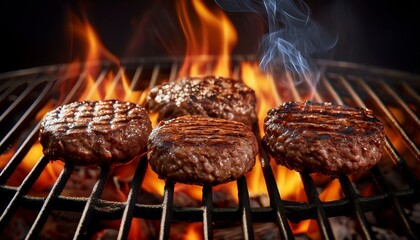juicy grilled beef burger meat patties sizzling on the barbecue with fire