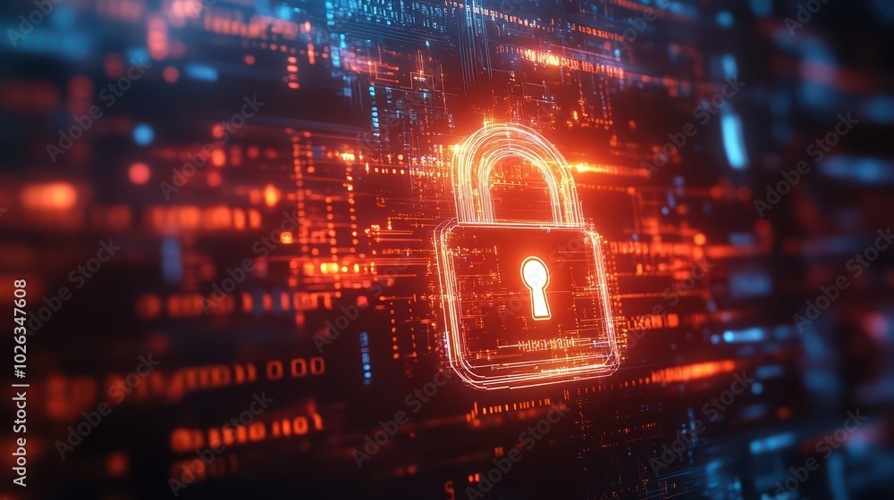 Poster a glowing digital padlock representing cybersecurity and data protection in a futuristic network env