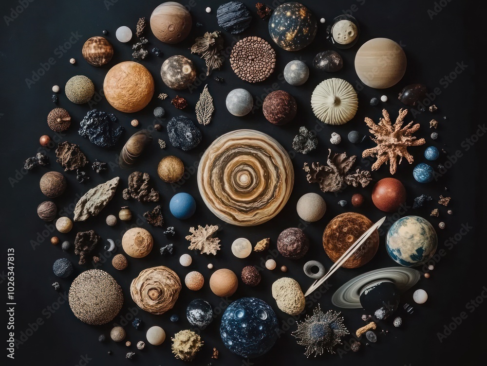 Poster a circular arrangement of various objects representing different planets, moons, and celestial bodie