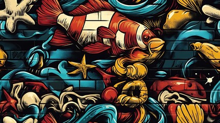 Obraz premium Graffiti-style pattern incorporating underwater elements like coral, seaweed, and tropical fish, intertwined with vibrant colors and dynamic brushstrokes, set against a rough brick wall,