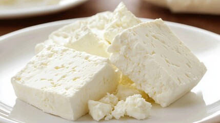 Pieces of feta cheese on a white plate. The cheese has a characteristic crumbly texture and a creamy white color. It looks fresh and appetizing.
