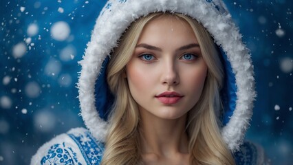The snow-white skin of a beautiful blonde snow maiden girl, a woman princess in a New Year's outfit made of blue snowflakes. 