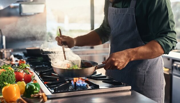 mid section of chef cooking in kitchen stove