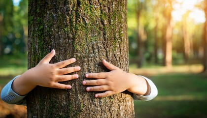 nature lover close up of child hands hugging tree with copy space