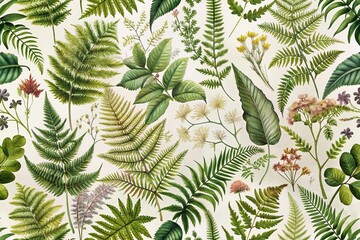 Serene seamless botanical tile pattern with ferns and flowering plants