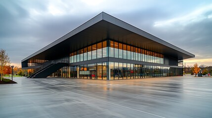 Obraz premium Fire Station with Glass Facade and Steel Frame: A fire station with a full glass front, showcasing a view of the interior without any vehicles. 