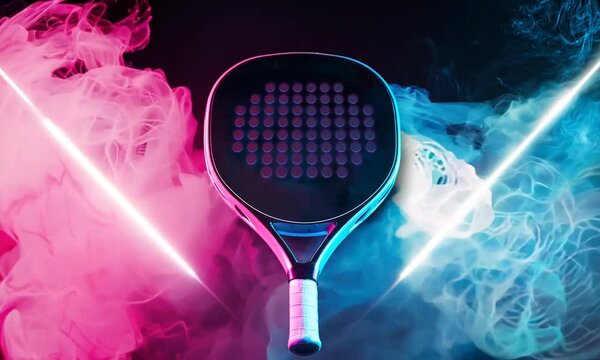 Padel tennis racket in neon lights. Background with copy space. Mockup for padel event tournament design. Open tour.