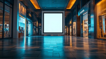 A large white sign is in the middle of a large empty shopping mall