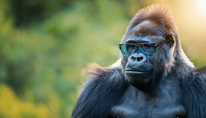 Obraz premium portrait of pensive gorilla in transparent glasses on the blurred background with copy space