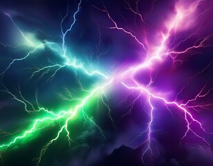 Fototapeta premium purple and green lightning hitting each other colorful lightning forcce of nature