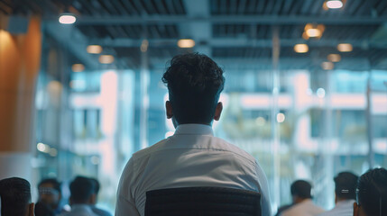 Indian Professional Delivering Presentation in Modern Office, Audience in Blurred Background, Formal Attire and Engaging Gesture