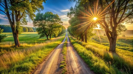 Fototapeta premium Rural landscape with sunbeam shining on dirt road surrounded by trees and grass