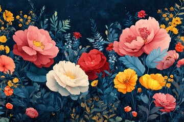 A vibrant and colorful floral design with pink, red, white, and yellow flowers blooming against a dark blue background.
