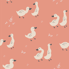 Cute Cartoon Duck Seamless Pattern, Vector Illustration Background