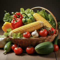 Assorted fresh vegetables in a wicker basket on dark background