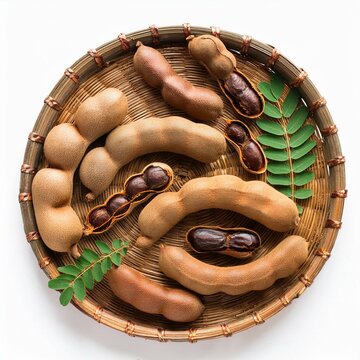 set of tamarind tropical fruits isolated on white background fresh ripe tamarind pods tamarindus indica indian date healthy vegan food top view flat lay