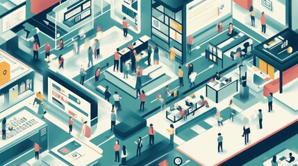 Obraz premium An isometric illustration of a bustling office environment, with people working on computers and interacting with each other.