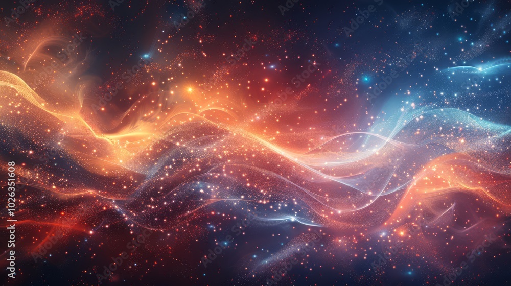 Poster abstract cosmic energy waves with sparkling particles in deep space.