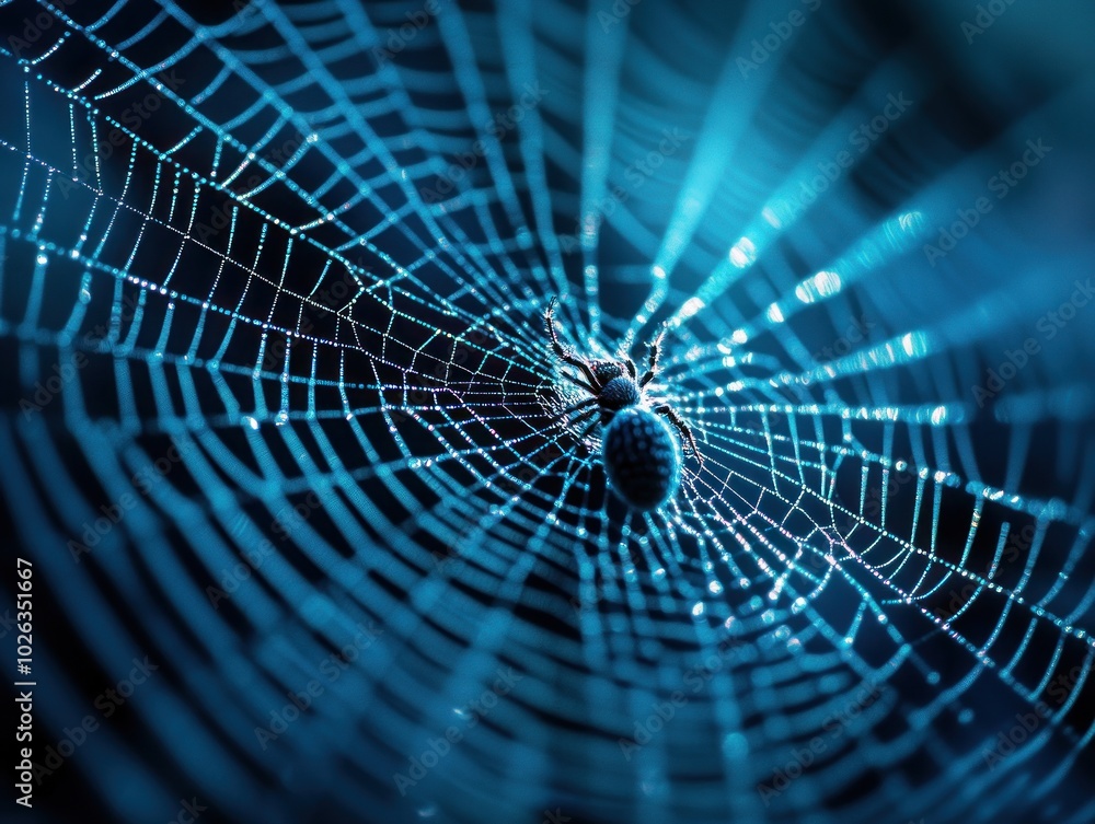 Poster a spider sits in the center of its web, illuminated by the soft glow of the setting sun. the web is 