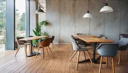 Obraz premium spacious bright interior in cafe with chairs and concrete walls and wooden floor indoors