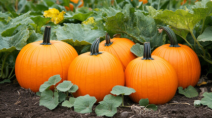 pumpkin patch on a rural farm, showcasing rows of vibrant orange pumpkins. Clear blue sky and open space allow for customizable captions, emphasizing autumn's bounty and harvest joy