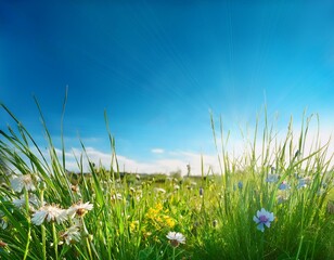 Obraz premium spring meadow background with copy space natural scene with long grass wild flowers and clear blue sky