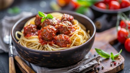 Delicious bowl of spaghetti bolognese with tender meatballs and rich tomato sauce for a hearty meal