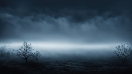 A misty landscape at dusk with silhouetted trees and a dark, moody atmosphere.