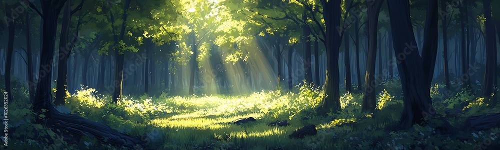 Aufkleber ethereal sunlight filters through a lush forest, illuminating a serene glade filled with vibrant gre