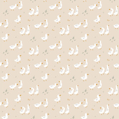 Cute Cartoon Duck Seamless Pattern, Vector Illustration Background